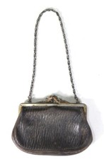 Vintage Art Deco Coin Purse Leather Chain Strap Purple Stones Rose Kiss Clasp