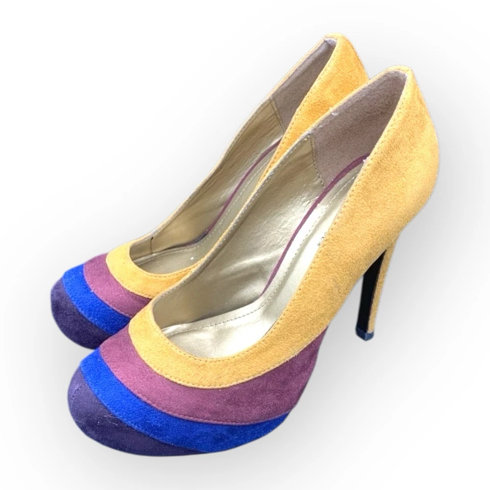 Tacones Plataforma Gamuza Colorblock Multi-Tono Púrpura Azul Mostaza Talla 6M Retro Foto 2 de 4
