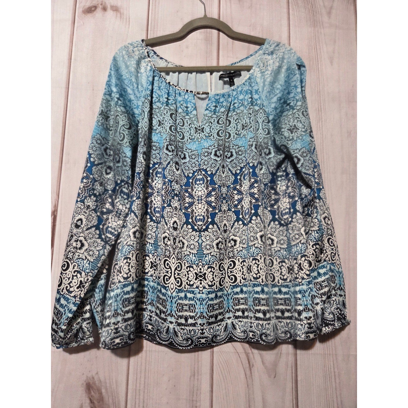 White House Black Market Blue Medallion Tile Print Cold Shoulder Blouse M Satin