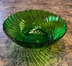 Vintage Round Forest Green Swirl Scalloped Edge Serving Bowl Glass