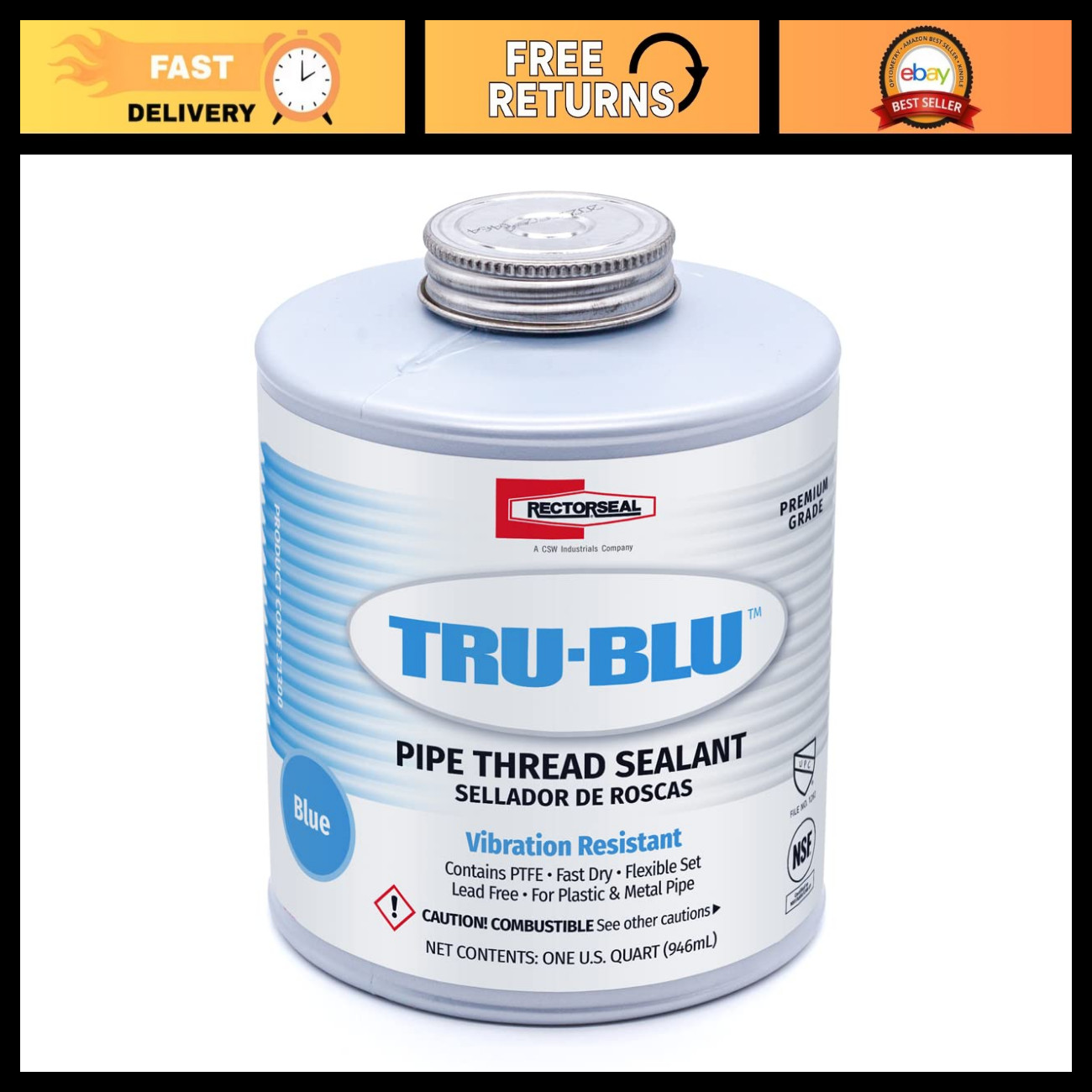 Flexible Fast-Dry Pipe Thread Sealant for High Vibration, PTFE Enriched, 1 Quart