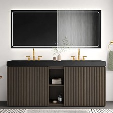 72" Smoked Oak Bathroom Vanity with Black Sink Basin without Drain and Faucet