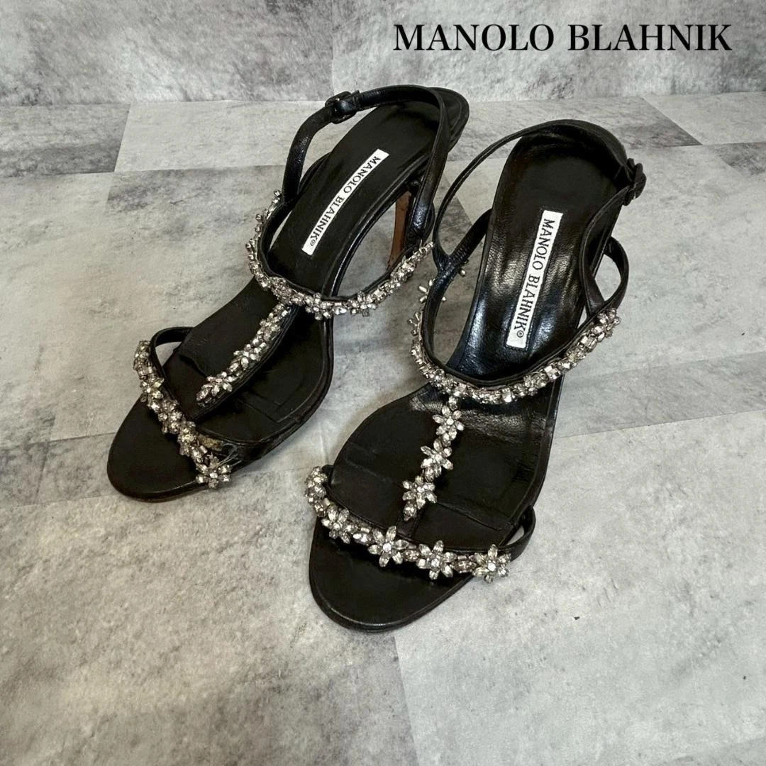 MBT Sandali stiletto MANOLO BLAHNIK perline fiori US 6 5 neri originali dal Giappone RA