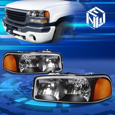 For 99-07 GMC Sierra Yukon GMT900 Upper Black Headlights Amber Turn Signal Lamps