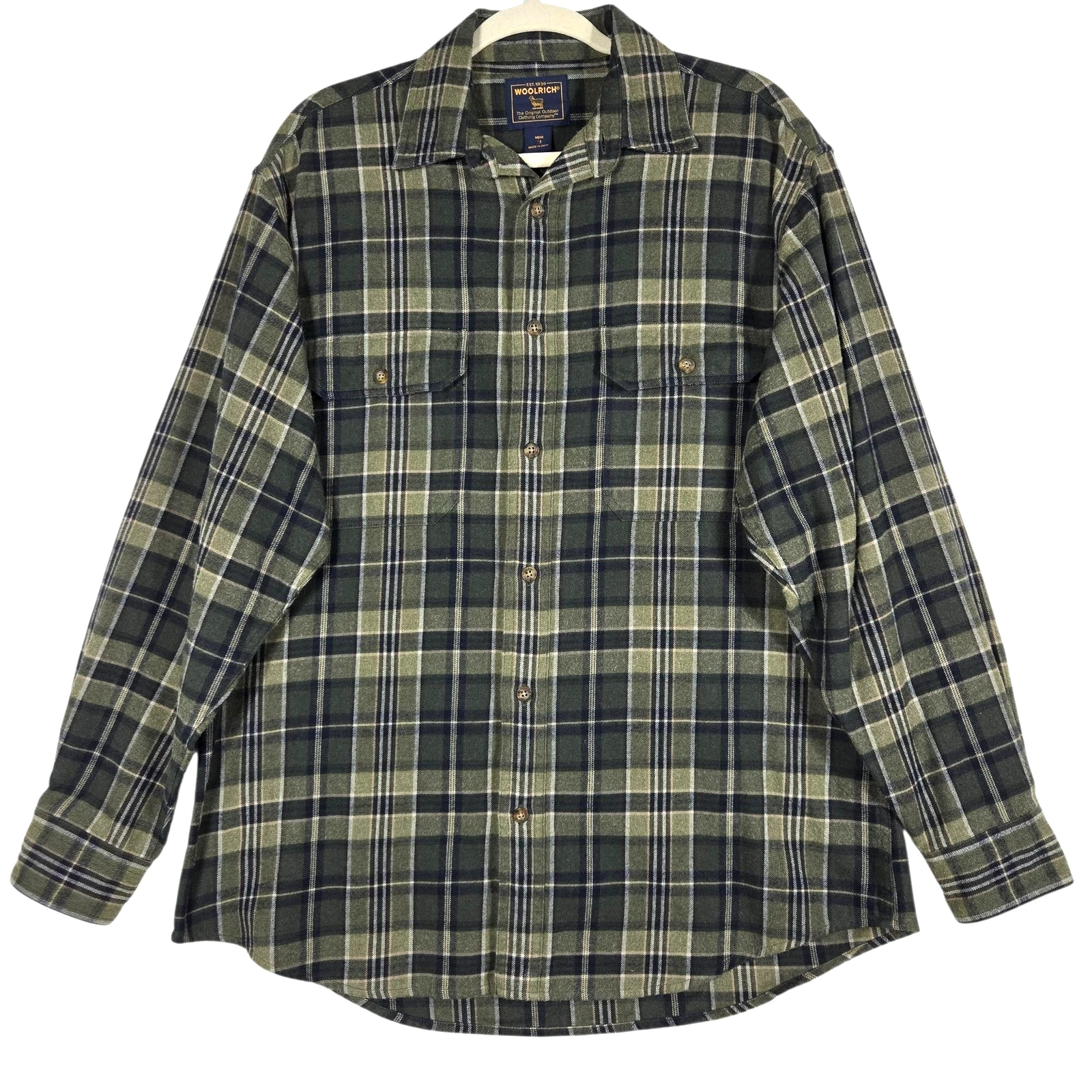 Woolrich Shirt Mens Medium Green Plaid Flannel Workwear Utility Outdoor Hiking
