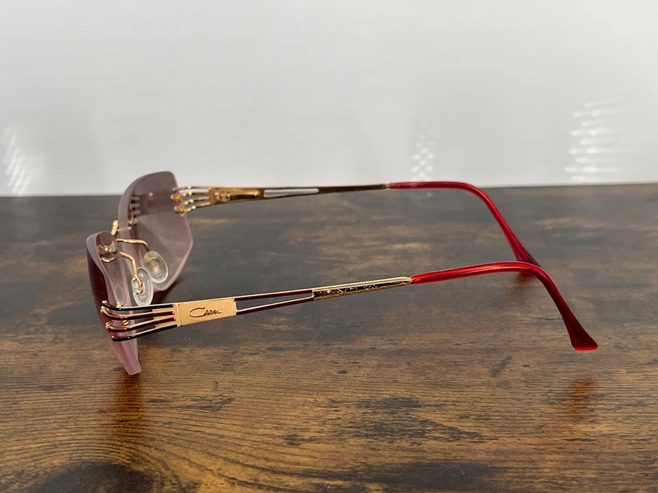 Gafas de sol vintage Cazal sin montura rojas doradas años 90 marcos de diseñador solo hip hop Foto 4 de 4