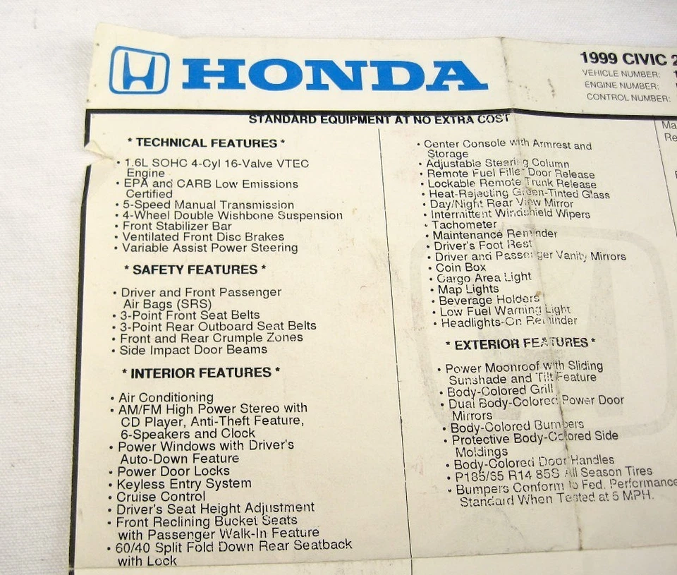 Honda Civic EX VTEC 1999 1,6 L 5 velocidades genuino original Monroney pegatina ventana Foto 2 de 4