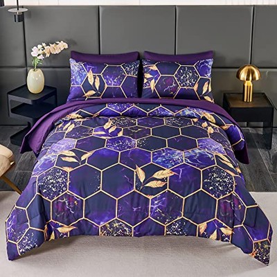  7Pcs Mable Bed in A Bag Purple Gold Queen Comforter Set, 3D Geometric 