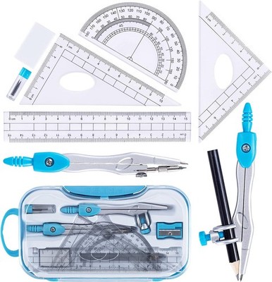 Math Geometry Kit Set 10 Pieces with Shatterproof Storage Box, Student Blue 
