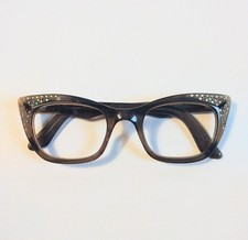 Vintage FRAME FRANCE Cat Eye Brown Eyeglasses FRAMES ONLY w/Rhinestones FLAWS 
