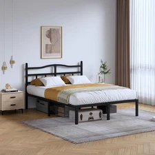 14 Inch Metal Bed Frame - Queen Size Heavy Duty Bedframe with Headboard Black Ba