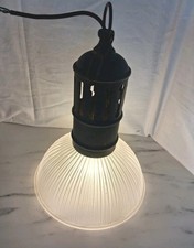 Pendant Ceiling Light Holophane Ribbed Glass Industrial Bronze Vintage 