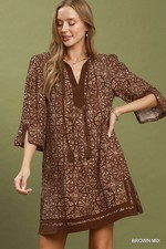 Umgee Mix Geometric Print V-Neck Tassel Detail Tunic Dress - Brown Mix - Small