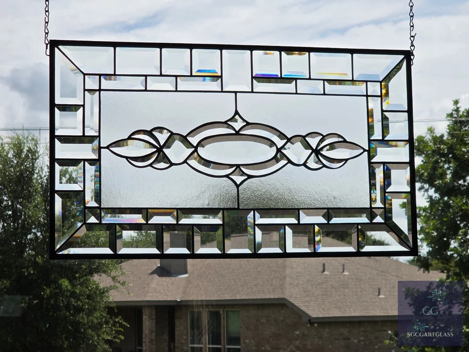 Stained glass, clear transom, rectangular 24.1/2 x 14 1/8 window hanging, panel - Image 2 of 4