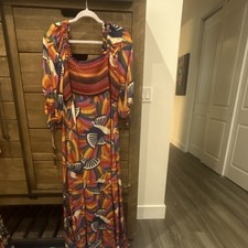 Farm Rio Maxi Dress Multicolor Bird Print Smocked Square Neck XL Ruched Sleeve