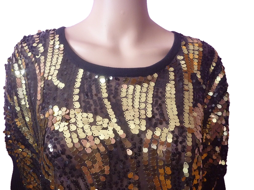 New Lagenlook Sequin Black M L Gold Sheer Evening Tunic Blouse Shiny Oversize - 第 1/15 張圖片