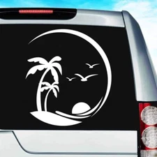 Beach Palm Trees and Birds Two Pack 5" White Vinyl Decal Car Truck Windows