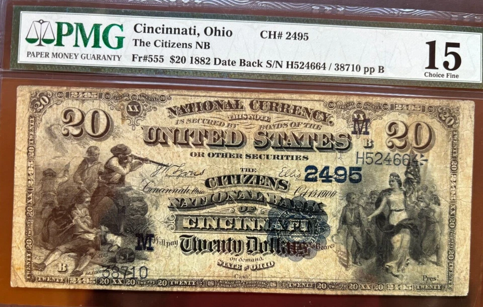 1882 $20 Date Back Citizens NB of Cincinnati CH# 2495 - FR 555 - PMG Grade 15 CF - Image 2 of 3