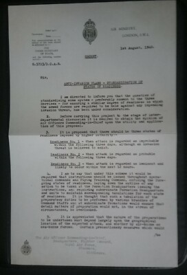 BATTLE OF BRITAIN : AIR MINISTRY LETTER 1ST AUGUST 1940 ALERT OF GERMAN INVASION