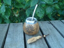 Uruguay Mate Gourd Hand Made  Cup Bombilla Straw Engraving Sun Uruguay BONUS