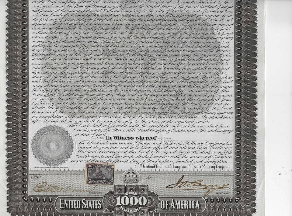 *ANNO 1893 LE FERROVIE DEL WEST * BOND DA 1000 $ IN MONETE D'ORO  ** AUTENTICO - Immagine 3 di 4