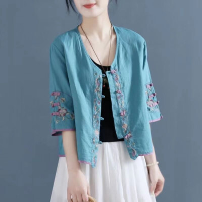 Damen Ethno Baumwolle Shirt Blumendruck Stickerei Cardigan Mantel Jacke