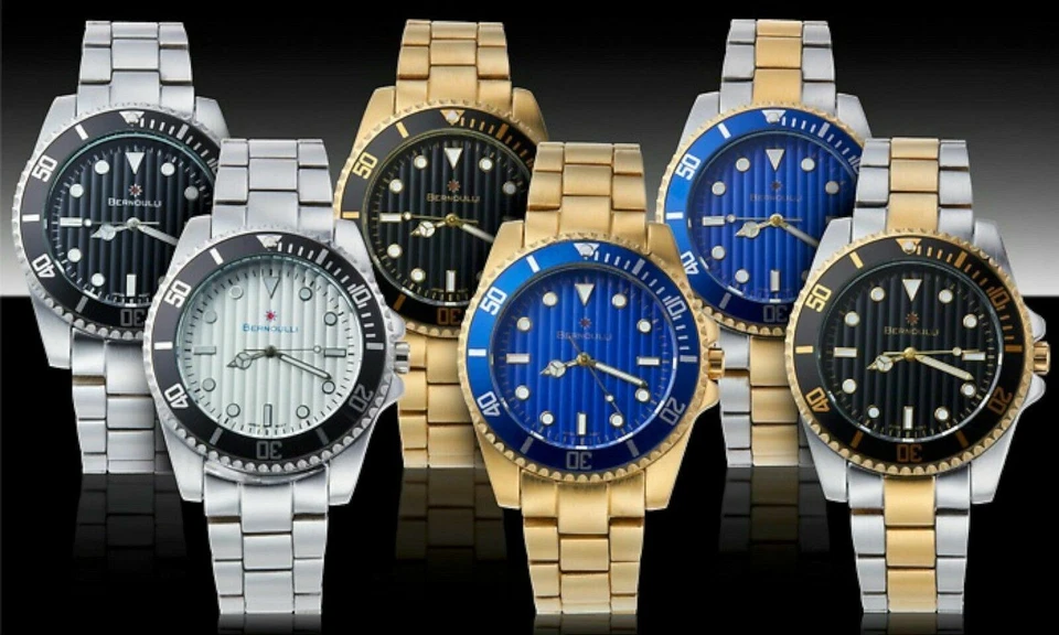 NUEVO Reloj pulsera Bernoulli 9444 para hombre esfera azul solarium bisel oro amarillo 30 m Foto 3 de 3