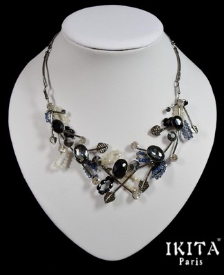 Collier Statement IKITA Paris - Chaîne émail Strass Métal Gris - Vintage - Neuf Sans Emballage
