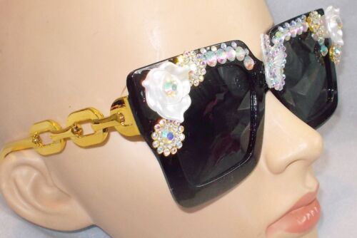 UNIQUE BOUTIQUE OVER THE TOP SQUARE SHAPED SUNGLASSES WITH STONES & RHINESTONES - Picture 3 of 4