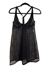 Victoria  s Secret Nightie Womens Sz L Black Baby Doll Sheer Lace Neglige Chemise