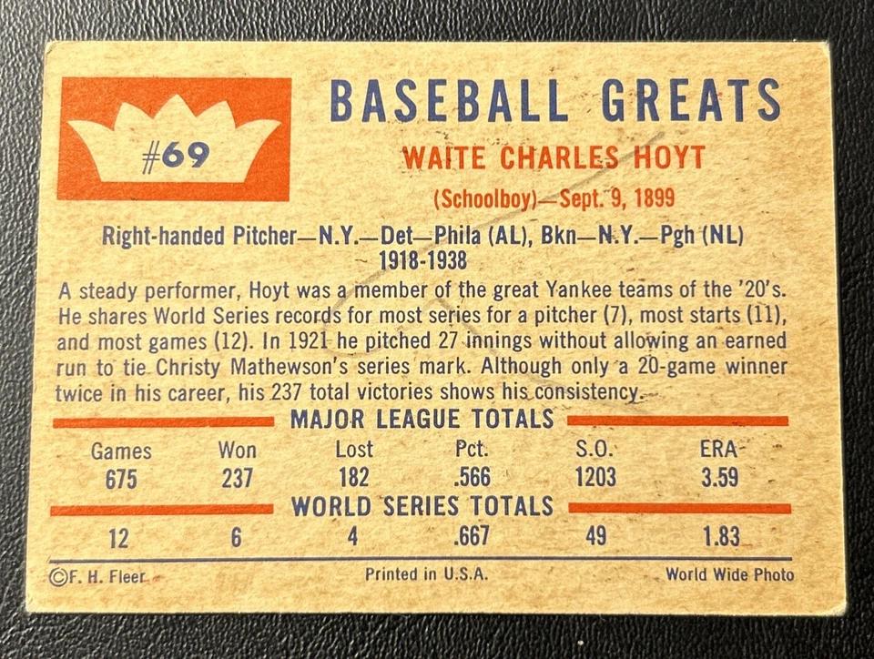 1960 Fleer #69 Waite Hoyt Detroit Tigers VG-EX - Image 2 of 2