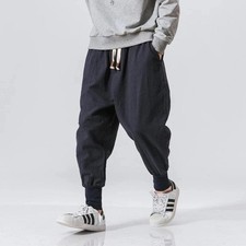 Men's Harem Pants Streetwear Cotton Linen Joggers Baggy Hip Hop Casual Trousers
