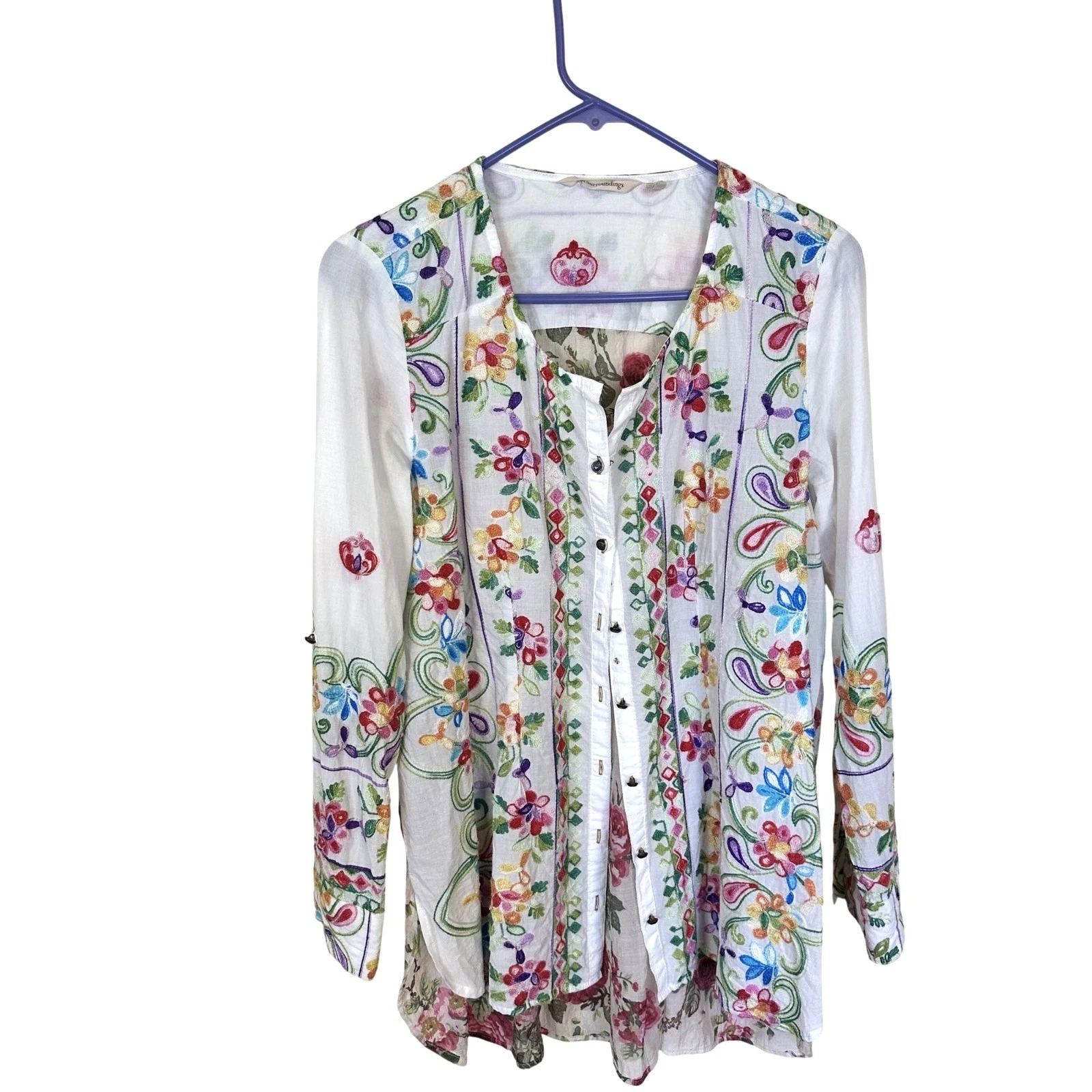 Soft Surroundings Womens Floral Embroidered Tunic Top Blouse Medium Sheer Artsy