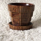 Vintage Brown McCoy Flower Planter Basket Weave Pattern w Attached Saucer 3.25"