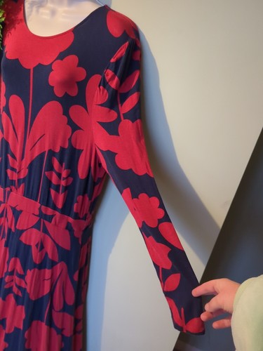 Boden Red Navy Blue Floral Jersey Maxi Dress Size 18 Long Sleeve Floor Length - Picture 6 of 10