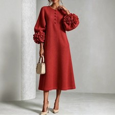 Women's Loose Waffle Midi Dress 3D Floral Decor Lantern Sleeve Round Neck Dress