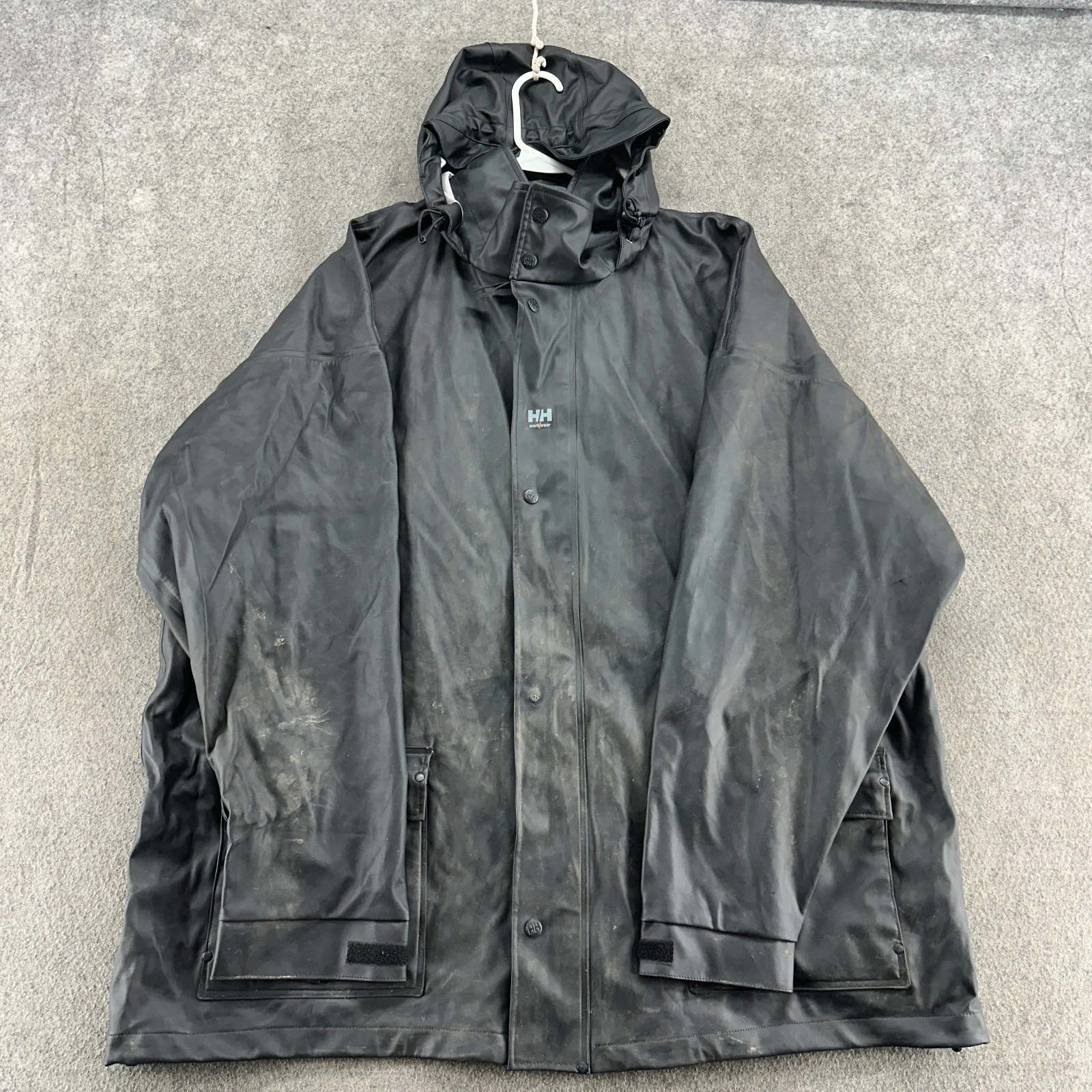 Helly Hansen Jacket Mens 3XL Black Rain Coat Hooded PVC Foul Weather Workwear