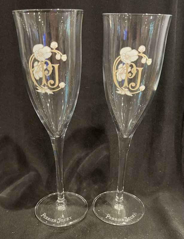 (2) Perrier Jouet - PJ Logo White Flower Champagne Flute Glass - MARKED