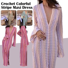 Crochet Colorful Stripe Maxi Dress Women Flare Sleeve V-neck High Split Beach