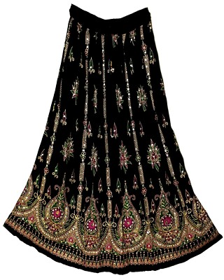 Plus Size XL To 2X Indian Ethnic Floral Sequin Maxi Skirt For Women Boho Hippie