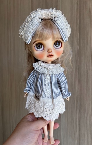 Blythe Doll Clothes -- Lovely Retro Style Blue Stripe Dress Set (RARE) - Picture 3 of 15