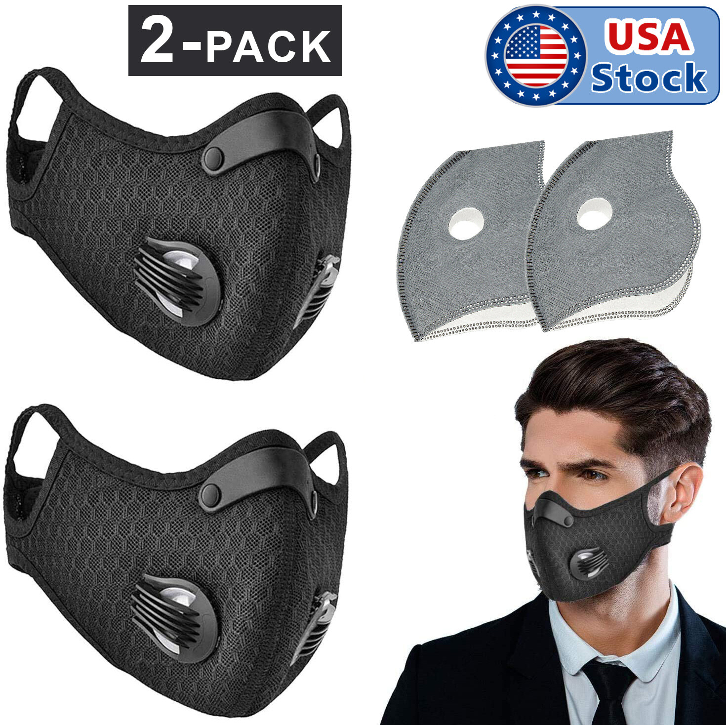 2PCS Activated Carbon Air Purifying Face Mask Cycling Reusable Filter