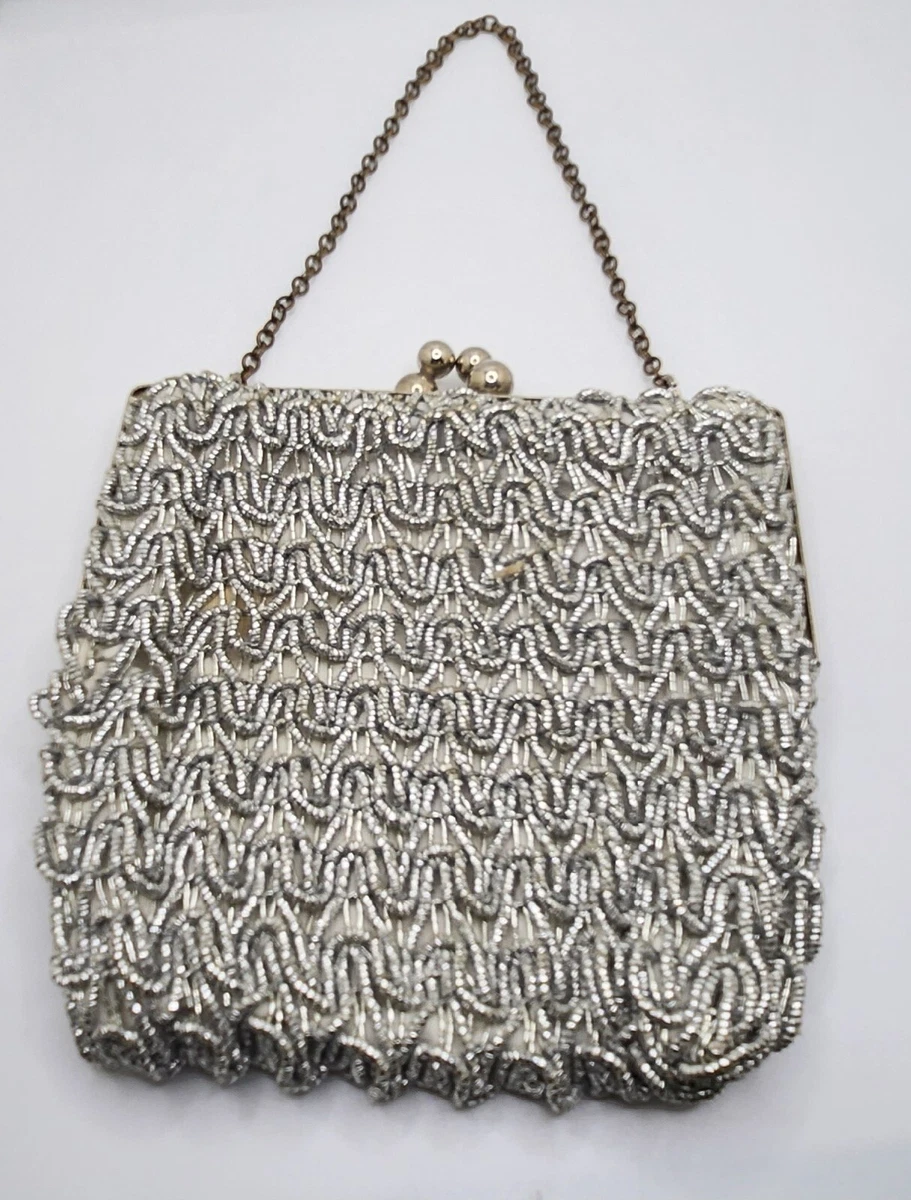 Sparkling Silver Mesh Style Beaded Evening Purse Cocktail Bag
