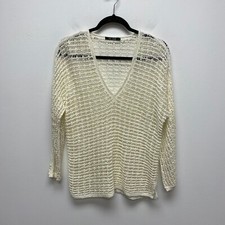 Nic Zoe Ivory Loose Knit Crochet Mesh V-Neck 3/4 Sleeve Pullover Sweater S