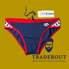 Arena men navy blue red trim Icon swim brief swimwear size 34 36