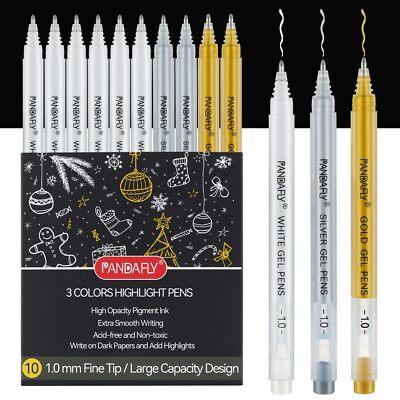 Gold Silver White Gel Pens, 10 Pack, 1mm Extra Fine Point Gel Ink Pens Opaque