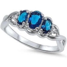 3 Oval Cut Blue Sapphire  Cz .925 Sterling Silver Ring