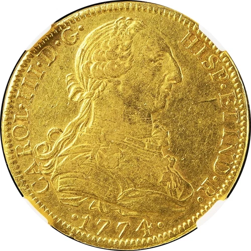 Mexico 8 Escudos Mo 1774 F.M. Charles III, NGC AU Details, Scratch. KM# 156.2