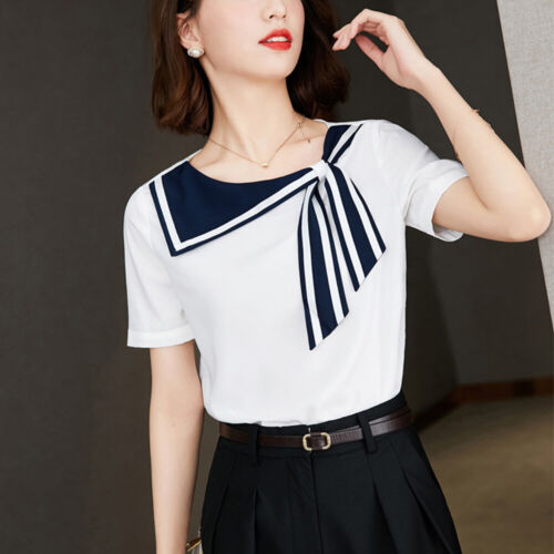 Ladies Chiffon Asymmetric Sailor Collar Top Shirt Short Sleeve T-shirt White - Picture 9 of 14
