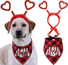 Valentines Day Dog Costume Red Heart Headband and Buffalo Plaid Pet Bandana
